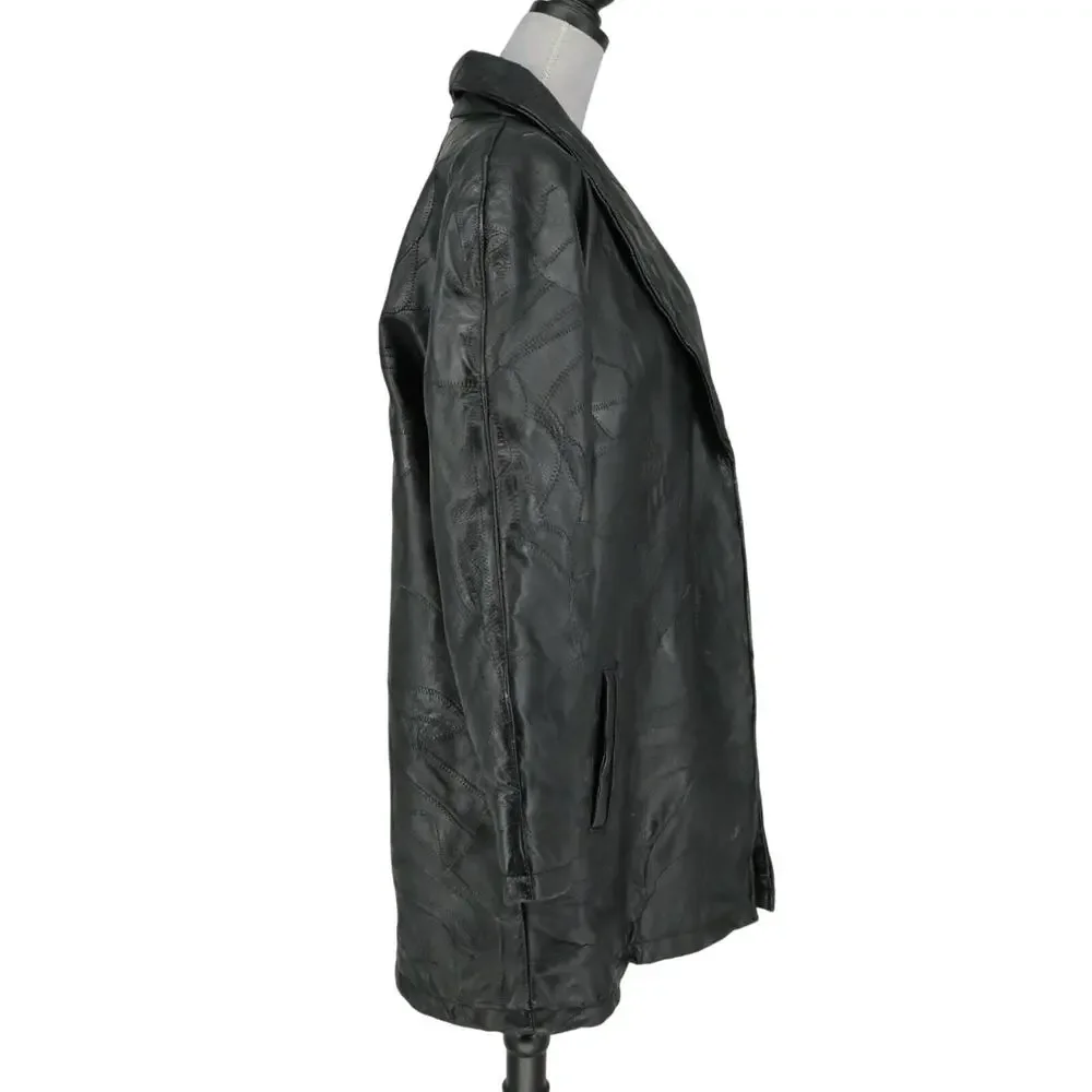 Navarre Leather Coat Jacket Womens Medium Black Lined Patchwork Look Outdoor